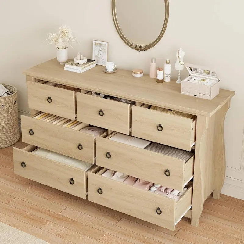 Commode à 7 tiroirs, pieds incurvés, accents en rotin, MDF, blanc, utilisation par 1 personne