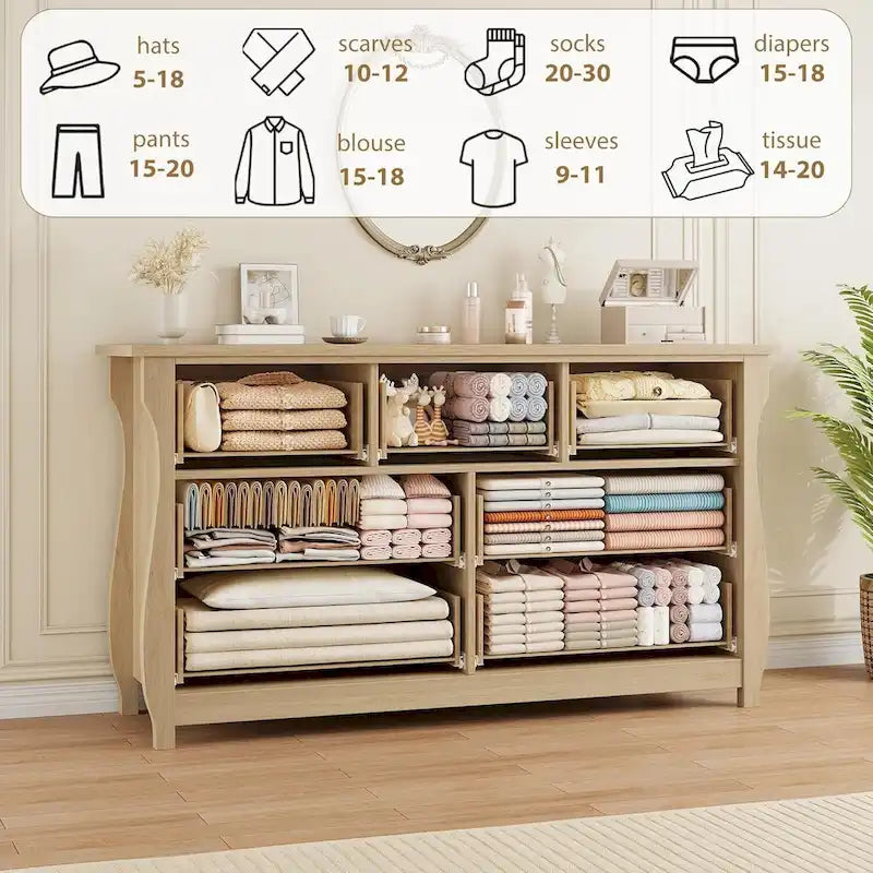 Commode à 7 tiroirs, pieds incurvés, accents en rotin, MDF, blanc, utilisation par 1 personne