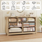 Commode à 7 tiroirs, pieds incurvés, accents en rotin, MDF, blanc, utilisation par 1 personne