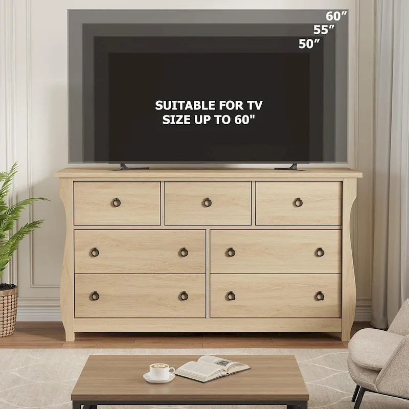 Commode à 7 tiroirs, pieds incurvés, accents en rotin, MDF, blanc, utilisation par 1 personne