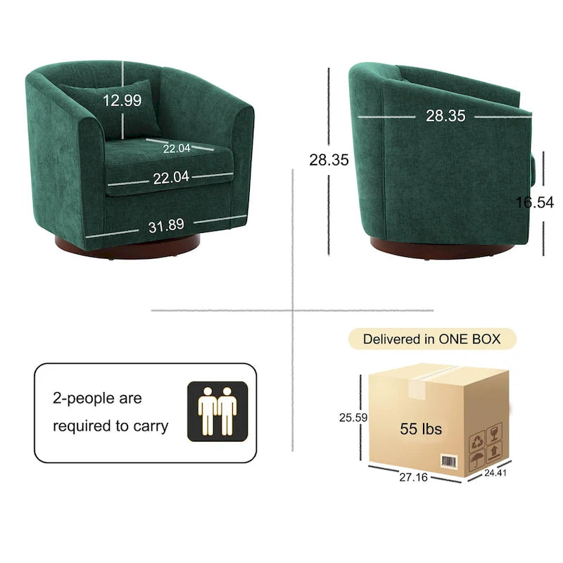 Fauteuil pivotant à 360°, Chenille, Base en bois massif, Vert / Gris / Blanc, Pour 1 personne