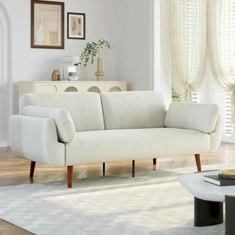 Canapé-lit convertible causeuse, tissu velours côtelé, dossier double inclinaison, ressorts sinueux, pieds en bois massif et métal, lit double, beige/kaki/vert/bleu marine/gris, pour 2 personnes