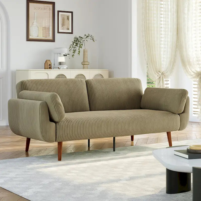 Canapé-lit convertible causeuse, tissu velours côtelé, dossier double inclinaison, ressorts sinueux, pieds en bois massif et métal, lit double, beige/kaki/vert/bleu marine/gris, pour 2 personnes