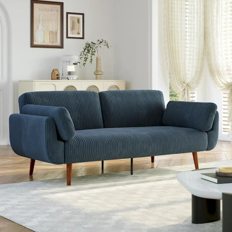 Canapé-lit convertible causeuse, tissu velours côtelé, dossier double inclinaison, ressorts sinueux, pieds en bois massif et métal, lit double, beige/kaki/vert/bleu marine/gris, pour 2 personnes