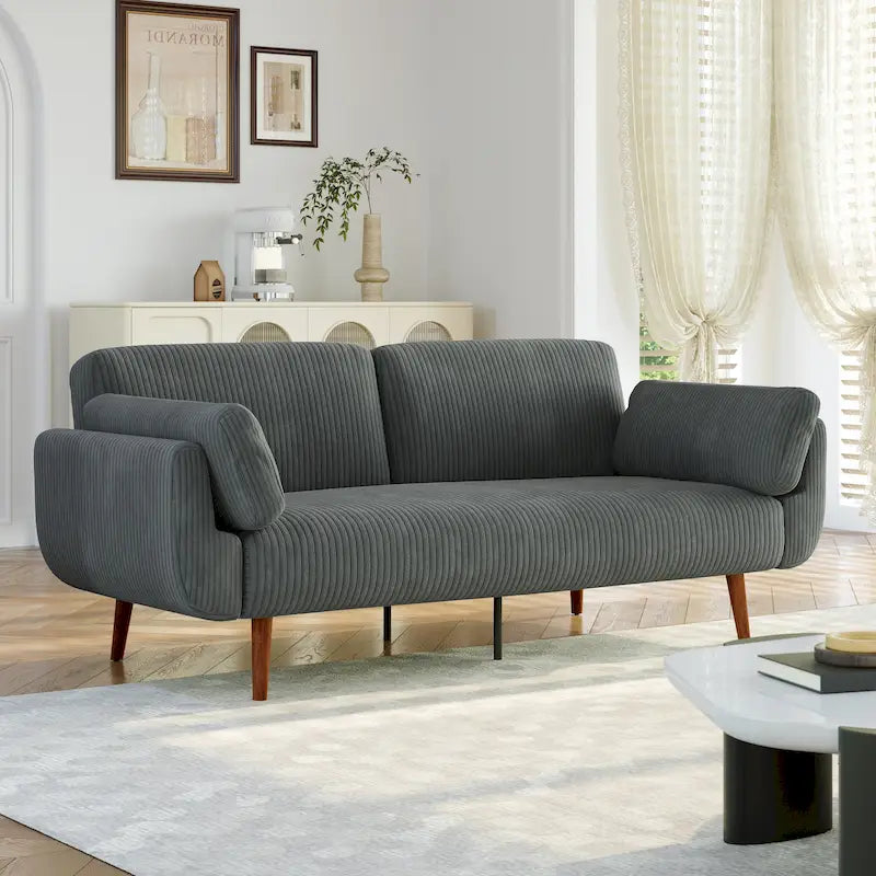 Canapé-lit convertible causeuse, tissu velours côtelé, dossier double inclinaison, ressorts sinueux, pieds en bois massif et métal, lit double, beige/kaki/vert/bleu marine/gris, pour 2 personnes