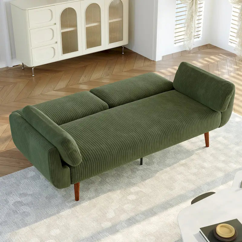 Canapé-lit convertible causeuse, tissu velours côtelé, dossier double inclinaison, ressorts sinueux, pieds en bois massif et métal, lit double, beige/kaki/vert/bleu marine/gris, pour 2 personnes