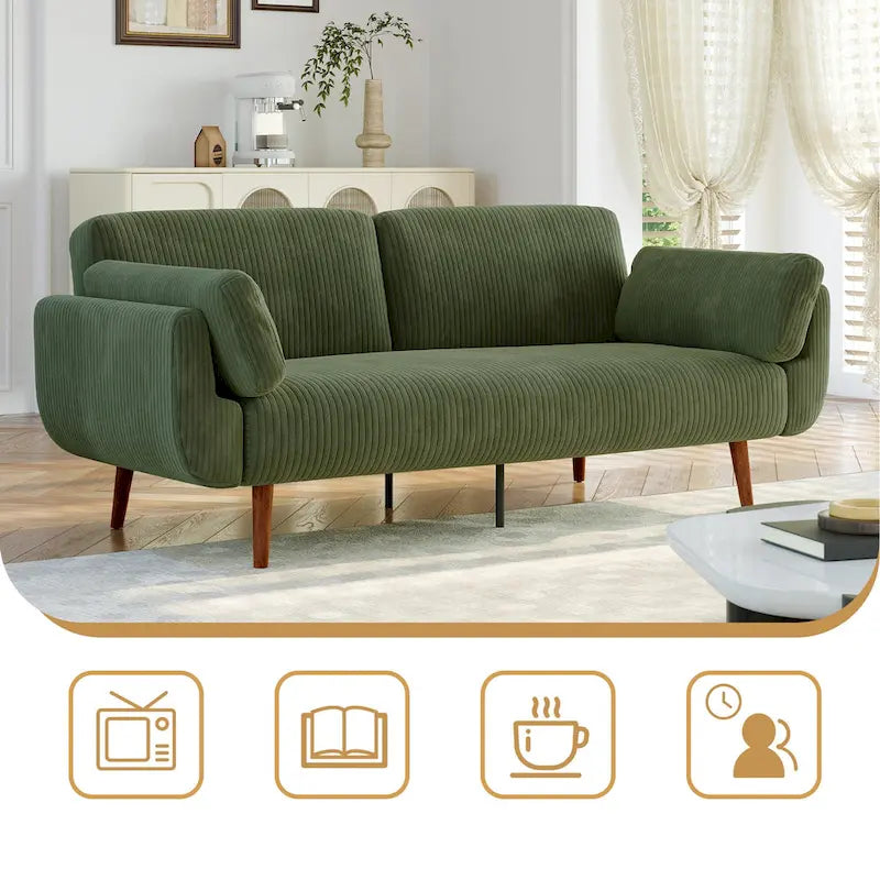 Canapé-lit convertible causeuse, tissu velours côtelé, dossier double inclinaison, ressorts sinueux, pieds en bois massif et métal, lit double, beige/kaki/vert/bleu marine/gris, pour 2 personnes