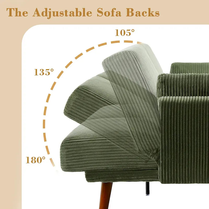 Canapé-lit convertible causeuse, tissu velours côtelé, dossier double inclinaison, ressorts sinueux, pieds en bois massif et métal, lit double, beige/kaki/vert/bleu marine/gris, pour 2 personnes