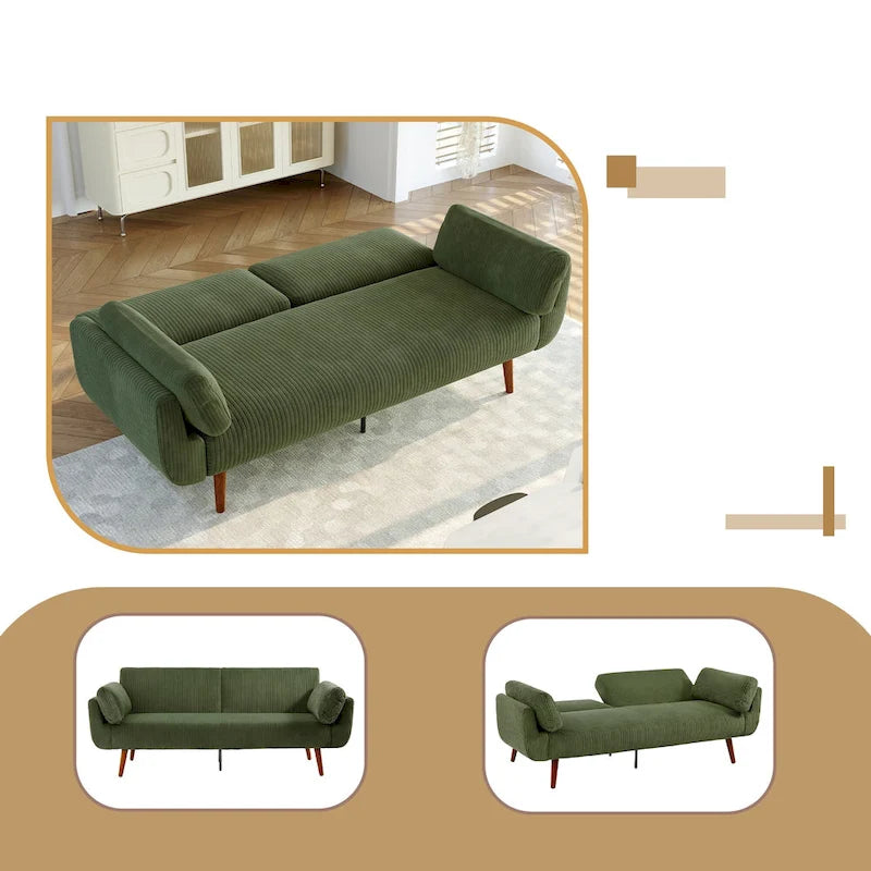 Canapé-lit convertible causeuse, tissu velours côtelé, dossier double inclinaison, ressorts sinueux, pieds en bois massif et métal, lit double, beige/kaki/vert/bleu marine/gris, pour 2 personnes