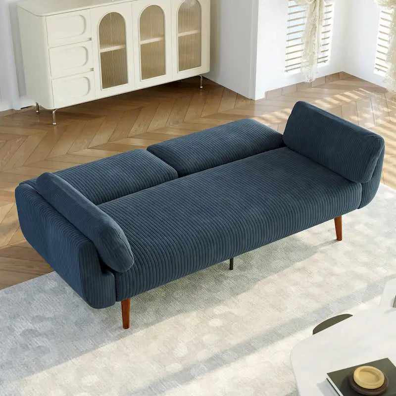Canapé-lit convertible causeuse, tissu velours côtelé, dossier double inclinaison, ressorts sinueux, pieds en bois massif et métal, lit double, beige/kaki/vert/bleu marine/gris, pour 2 personnes