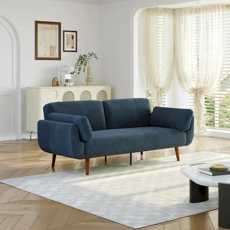 Canapé-lit convertible causeuse, tissu velours côtelé, dossier double inclinaison, ressorts sinueux, pieds en bois massif et métal, lit double, beige/kaki/vert/bleu marine/gris, pour 2 personnes