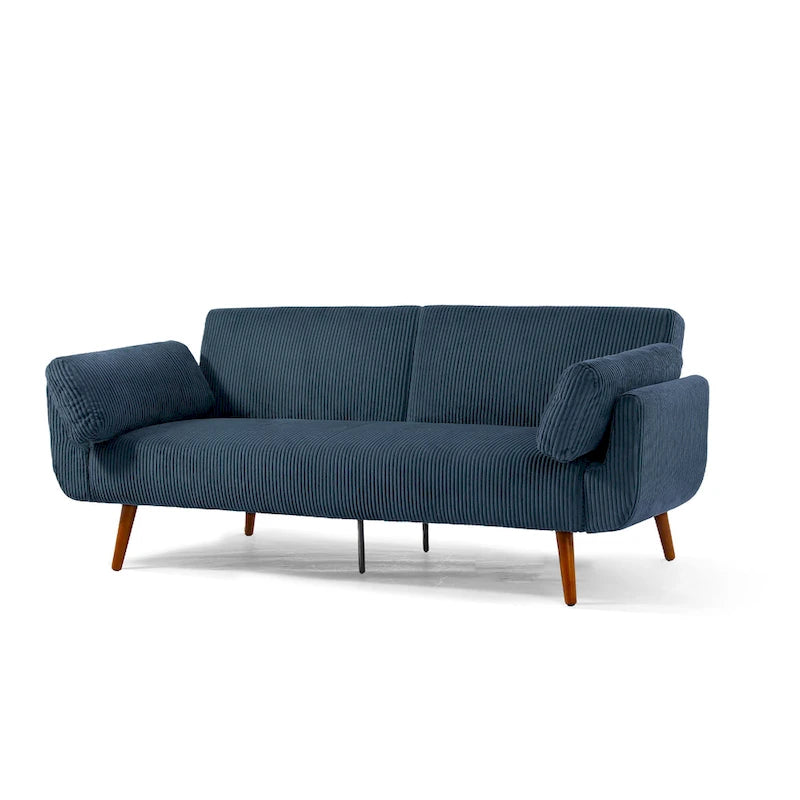 Canapé-lit convertible causeuse, tissu velours côtelé, dossier double inclinaison, ressorts sinueux, pieds en bois massif et métal, lit double, beige/kaki/vert/bleu marine/gris, pour 2 personnes