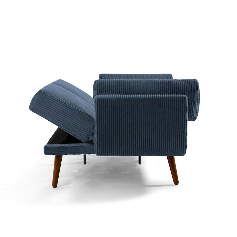 Canapé-lit convertible causeuse, tissu velours côtelé, dossier double inclinaison, ressorts sinueux, pieds en bois massif et métal, lit double, beige/kaki/vert/bleu marine/gris, pour 2 personnes