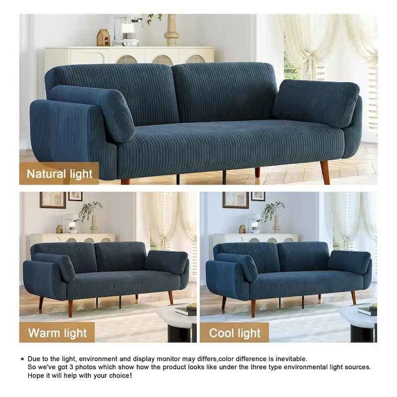 Canapé-lit convertible causeuse, tissu velours côtelé, dossier double inclinaison, ressorts sinueux, pieds en bois massif et métal, lit double, beige/kaki/vert/bleu marine/gris, pour 2 personnes