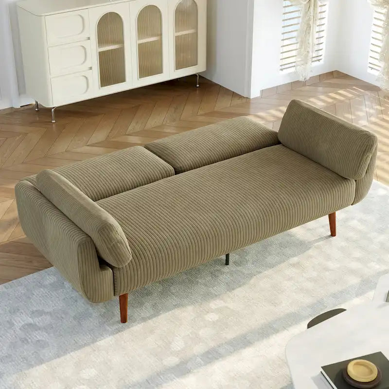 Canapé-lit convertible causeuse, tissu velours côtelé, dossier double inclinaison, ressorts sinueux, pieds en bois massif et métal, lit double, beige/kaki/vert/bleu marine/gris, pour 2 personnes