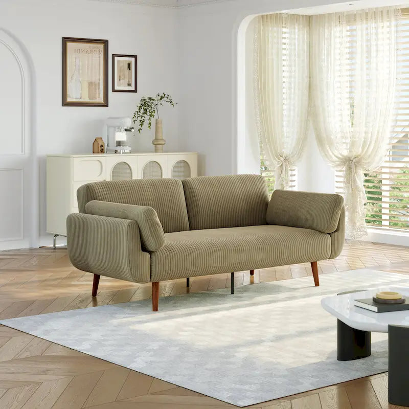 Canapé-lit convertible causeuse, tissu velours côtelé, dossier double inclinaison, ressorts sinueux, pieds en bois massif et métal, lit double, beige/kaki/vert/bleu marine/gris, pour 2 personnes