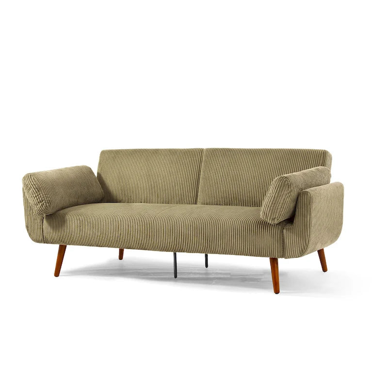 Canapé-lit convertible causeuse, tissu velours côtelé, dossier double inclinaison, ressorts sinueux, pieds en bois massif et métal, lit double, beige/kaki/vert/bleu marine/gris, pour 2 personnes