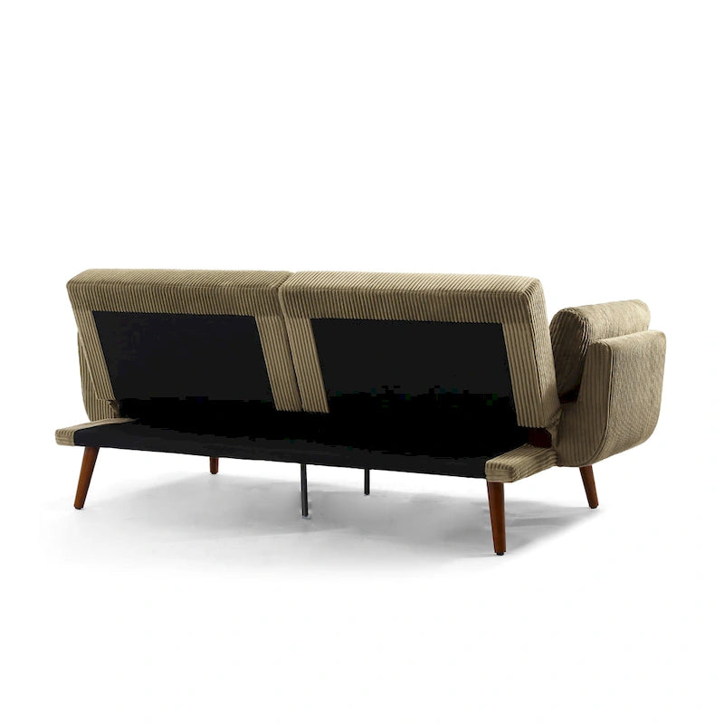 Canapé-lit convertible causeuse, tissu velours côtelé, dossier double inclinaison, ressorts sinueux, pieds en bois massif et métal, lit double, beige/kaki/vert/bleu marine/gris, pour 2 personnes