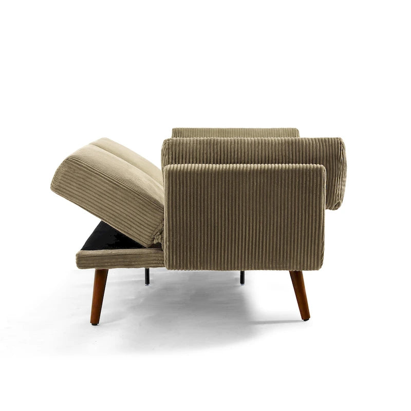Canapé-lit convertible causeuse, tissu velours côtelé, dossier double inclinaison, ressorts sinueux, pieds en bois massif et métal, lit double, beige/kaki/vert/bleu marine/gris, pour 2 personnes