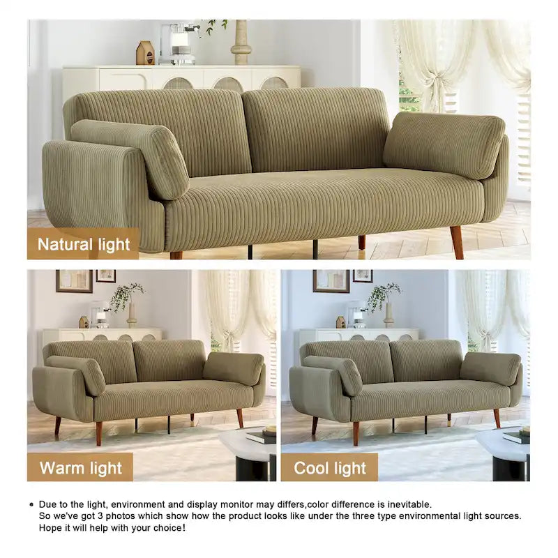 Canapé-lit convertible causeuse, tissu velours côtelé, dossier double inclinaison, ressorts sinueux, pieds en bois massif et métal, lit double, beige/kaki/vert/bleu marine/gris, pour 2 personnes