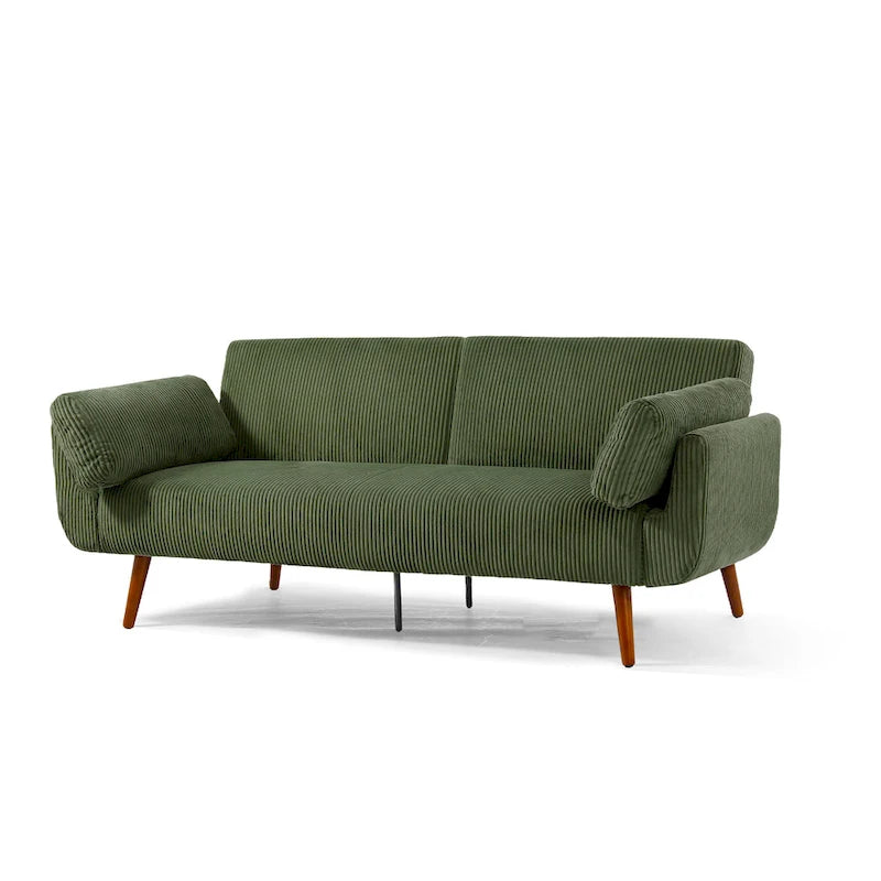 Canapé-lit convertible causeuse, tissu velours côtelé, dossier double inclinaison, ressorts sinueux, pieds en bois massif et métal, lit double, beige/kaki/vert/bleu marine/gris, pour 2 personnes
