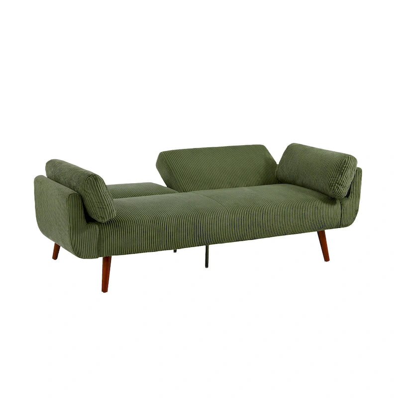 Canapé-lit convertible causeuse, tissu velours côtelé, dossier double inclinaison, ressorts sinueux, pieds en bois massif et métal, lit double, beige/kaki/vert/bleu marine/gris, pour 2 personnes