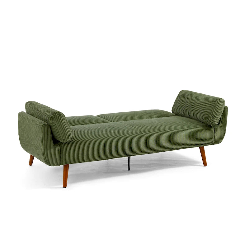 Canapé-lit convertible causeuse, tissu velours côtelé, dossier double inclinaison, ressorts sinueux, pieds en bois massif et métal, lit double, beige/kaki/vert/bleu marine/gris, pour 2 personnes