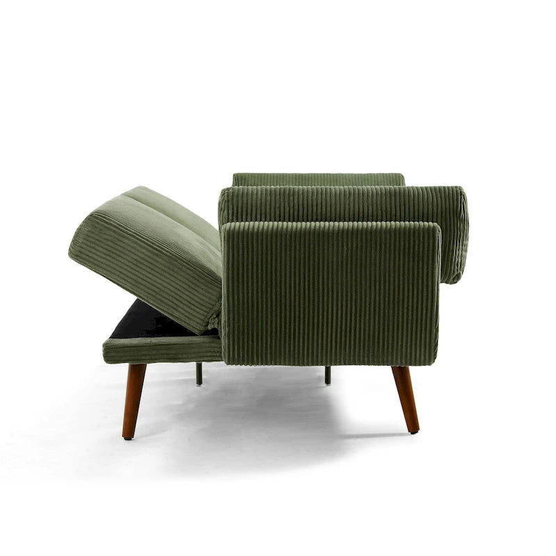 Canapé-lit convertible causeuse, tissu velours côtelé, dossier double inclinaison, ressorts sinueux, pieds en bois massif et métal, lit double, beige/kaki/vert/bleu marine/gris, pour 2 personnes