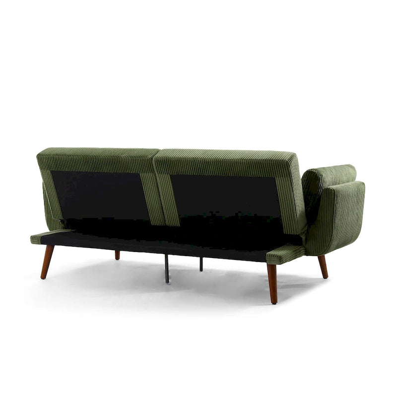 Canapé-lit convertible causeuse, tissu velours côtelé, dossier double inclinaison, ressorts sinueux, pieds en bois massif et métal, lit double, beige/kaki/vert/bleu marine/gris, pour 2 personnes