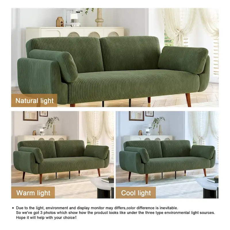 Canapé-lit convertible causeuse, tissu velours côtelé, dossier double inclinaison, ressorts sinueux, pieds en bois massif et métal, lit double, beige/kaki/vert/bleu marine/gris, pour 2 personnes