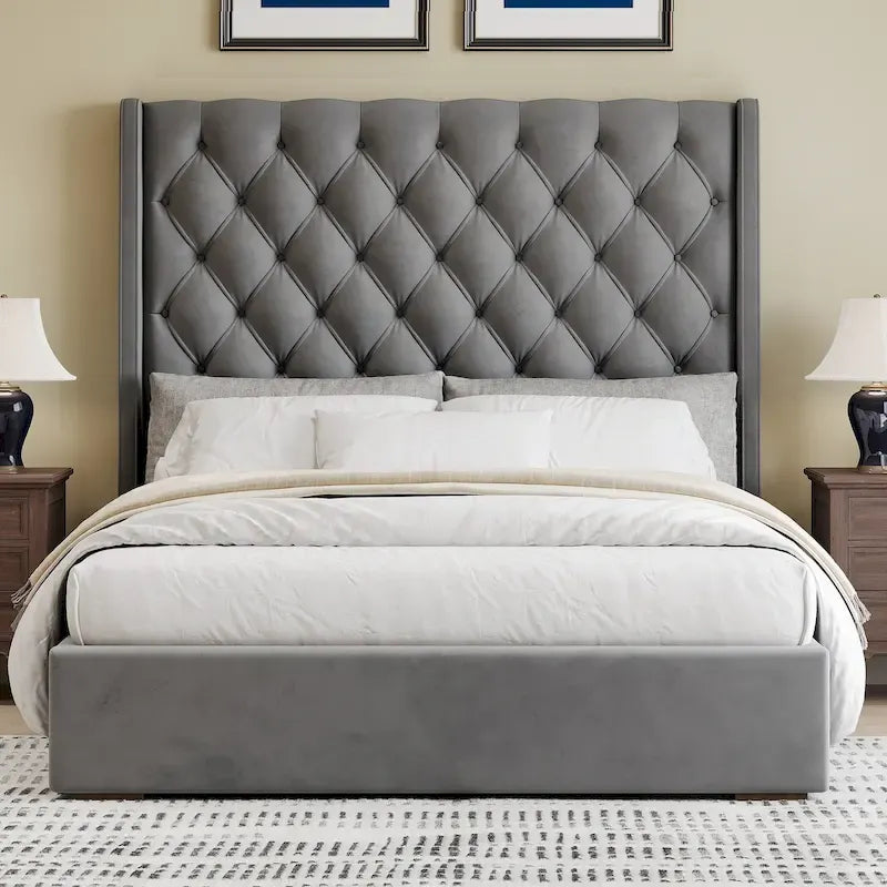 Lit King Size, Revêtement Velours, Tête de Lit Haute Capitonnée, Gris, 2 Personnes