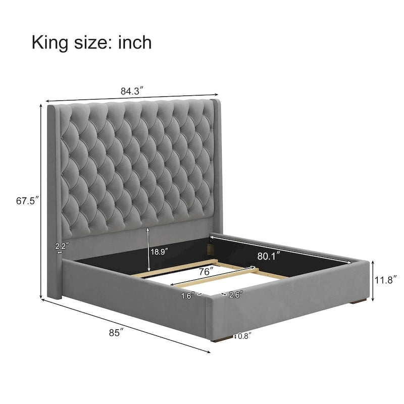 Lit King Size, Revêtement Velours, Tête de Lit Haute Capitonnée, Gris, 2 Personnes