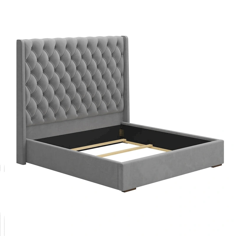 Lit King Size, Revêtement Velours, Tête de Lit Haute Capitonnée, Gris, 2 Personnes