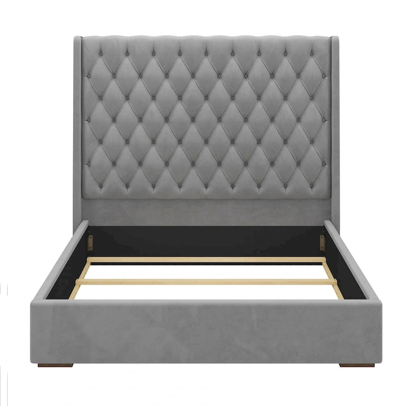 Lit King Size, Revêtement Velours, Tête de Lit Haute Capitonnée, Gris, 2 Personnes
