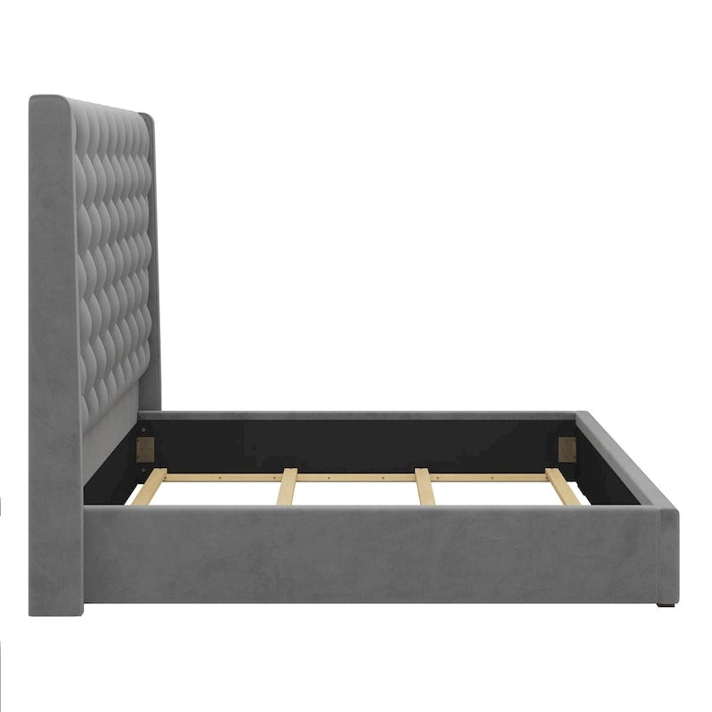 Lit King Size, Revêtement Velours, Tête de Lit Haute Capitonnée, Gris, 2 Personnes
