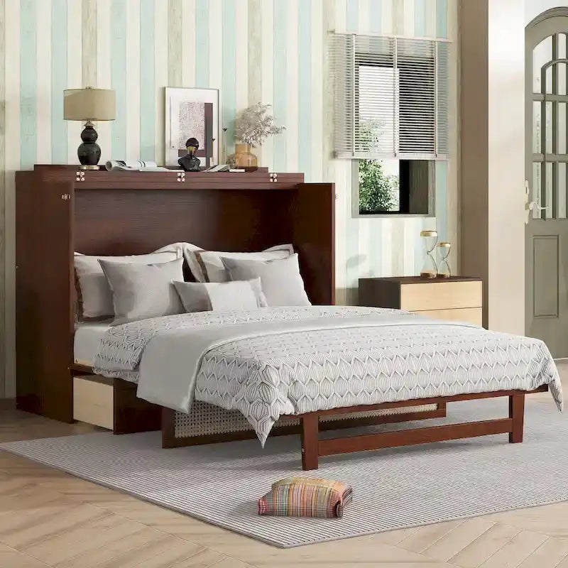 Lit escamotable Queen Size avec armoire, Décoration en rotin, Tiroir de rangement, Pin et MDF, Noyer, Pour 2 personnes