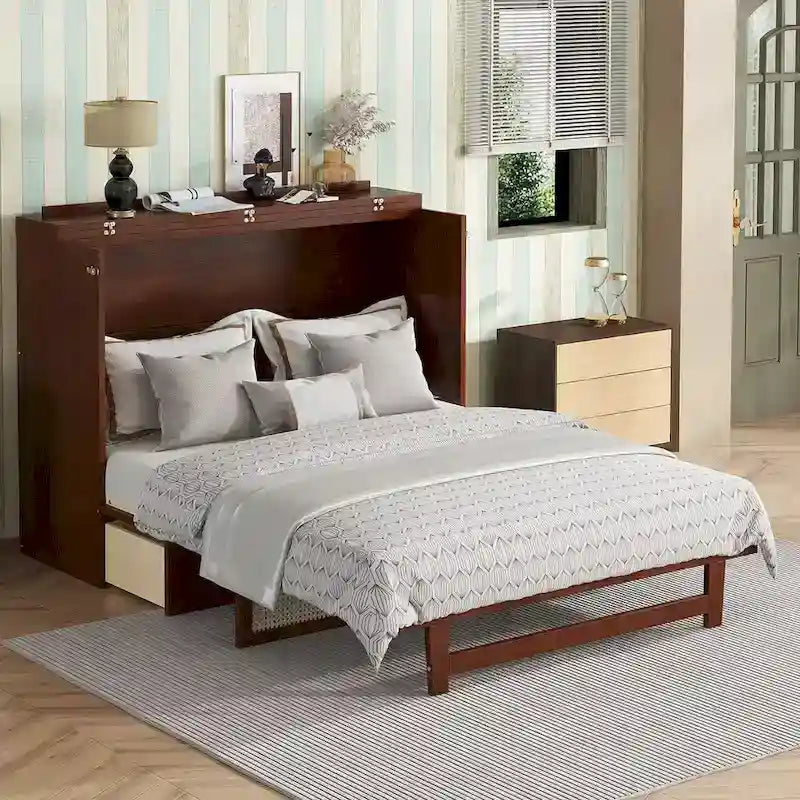 Lit escamotable Queen Size avec armoire, Décoration en rotin, Tiroir de rangement, Pin et MDF, Noyer, Pour 2 personnes