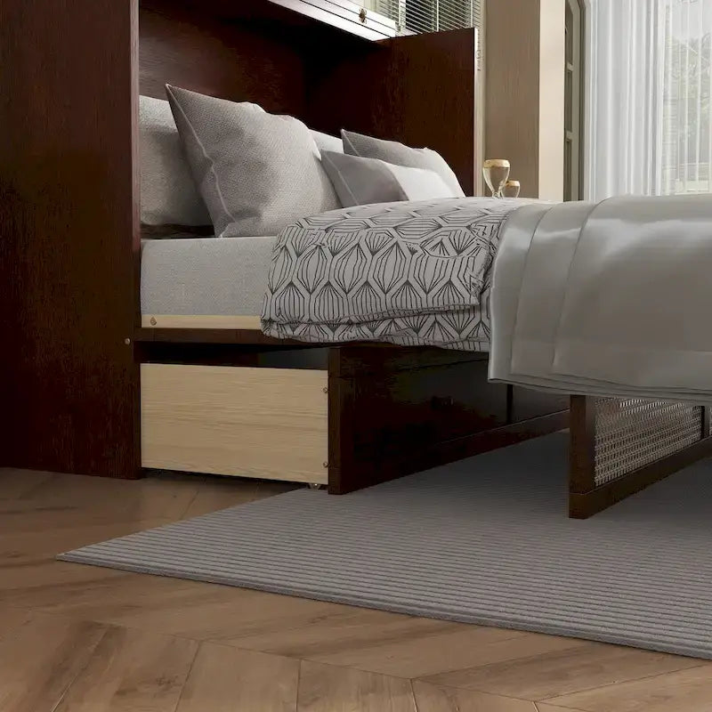 Lit escamotable Queen Size avec armoire, Décoration en rotin, Tiroir de rangement, Pin et MDF, Noyer, Pour 2 personnes