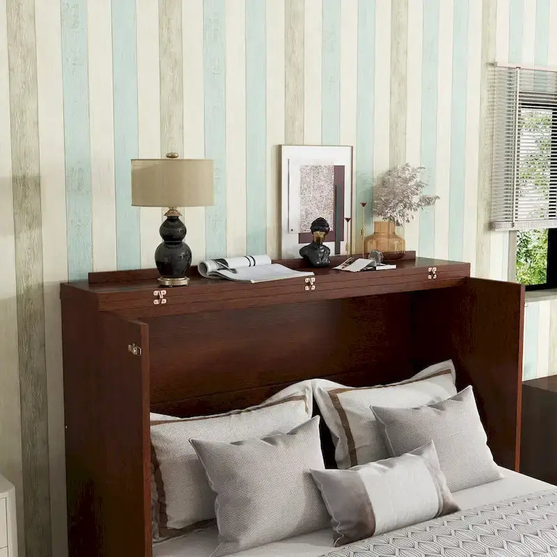 Lit escamotable Queen Size avec armoire, Décoration en rotin, Tiroir de rangement, Pin et MDF, Noyer, Pour 2 personnes