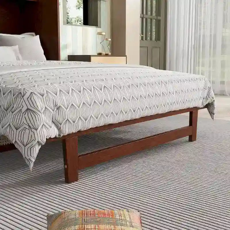 Lit escamotable Queen Size avec armoire, Décoration en rotin, Tiroir de rangement, Pin et MDF, Noyer, Pour 2 personnes