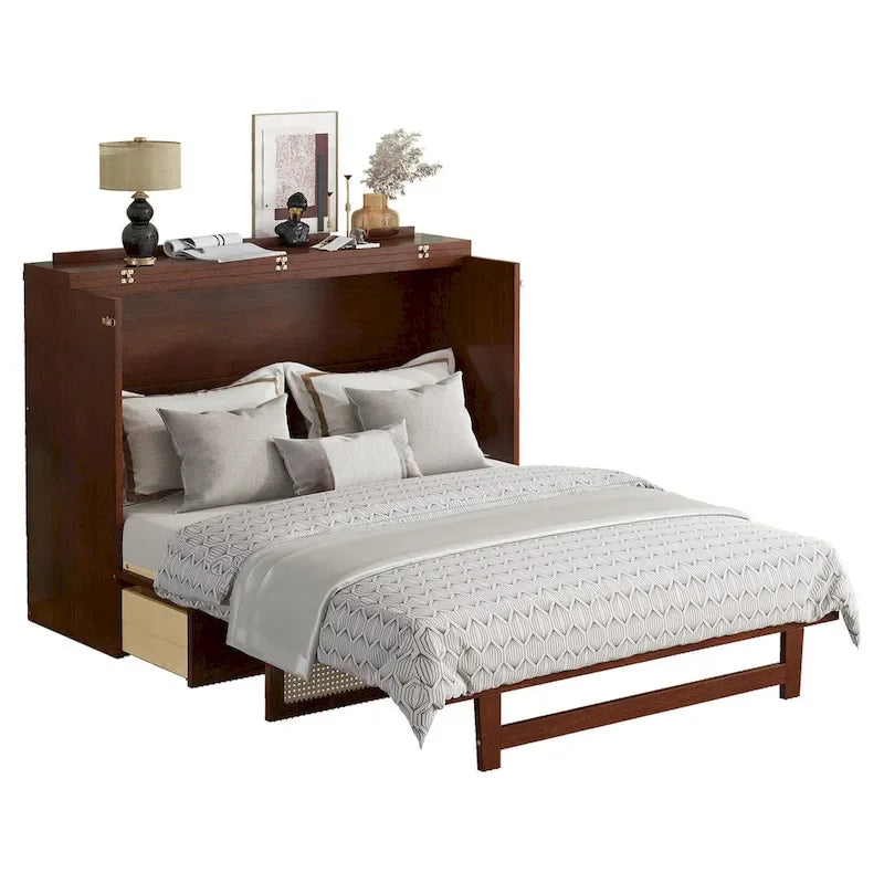 Lit escamotable Queen Size avec armoire, Décoration en rotin, Tiroir de rangement, Pin et MDF, Noyer, Pour 2 personnes