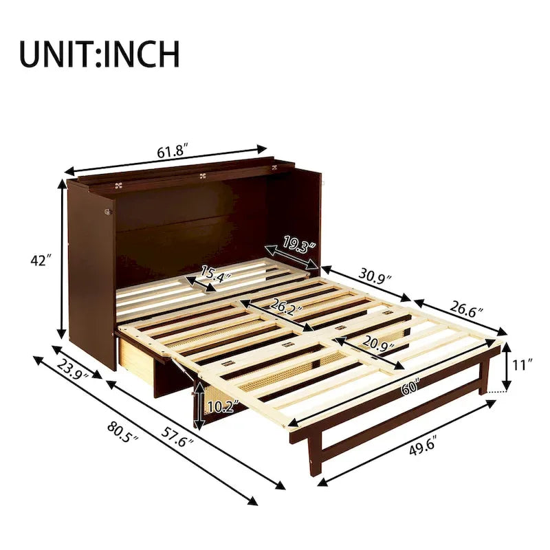 Lit escamotable Queen Size avec armoire, Décoration en rotin, Tiroir de rangement, Pin et MDF, Noyer, Pour 2 personnes