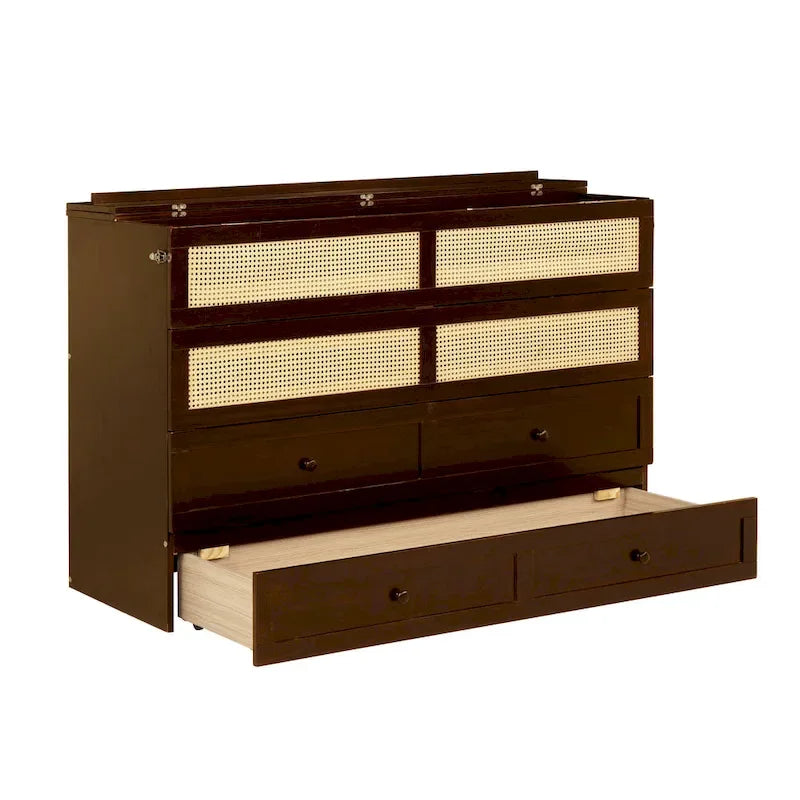 Lit escamotable Queen Size avec armoire, Décoration en rotin, Tiroir de rangement, Pin et MDF, Noyer, Pour 2 personnes