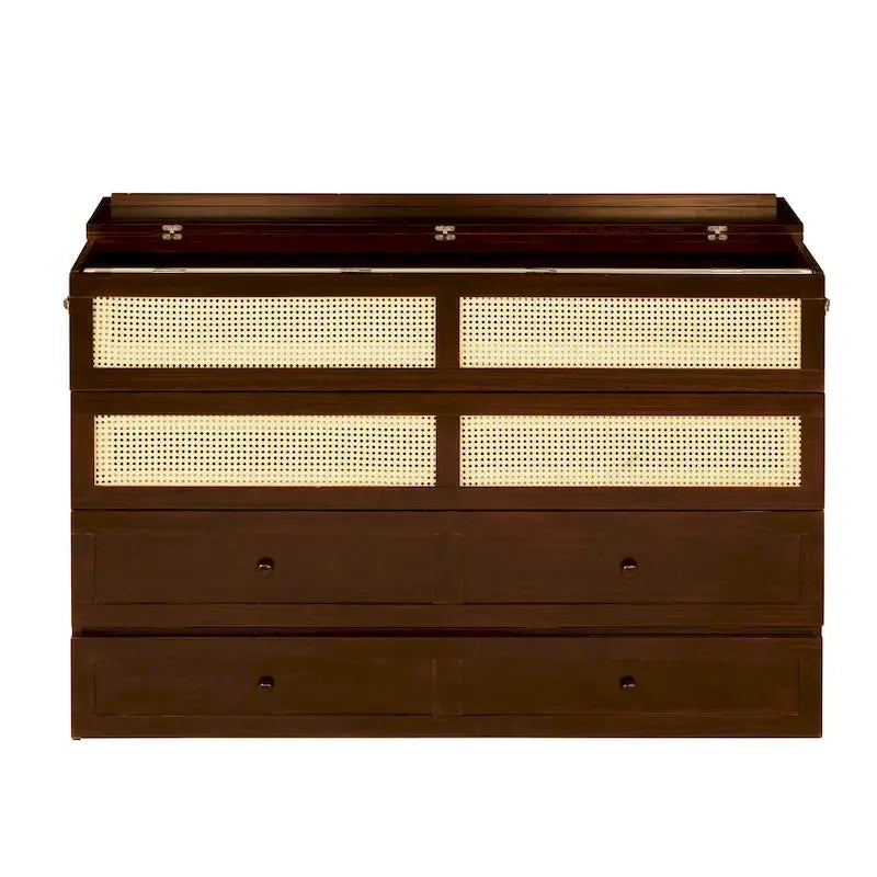 Lit escamotable Queen Size avec armoire, Décoration en rotin, Tiroir de rangement, Pin et MDF, Noyer, Pour 2 personnes