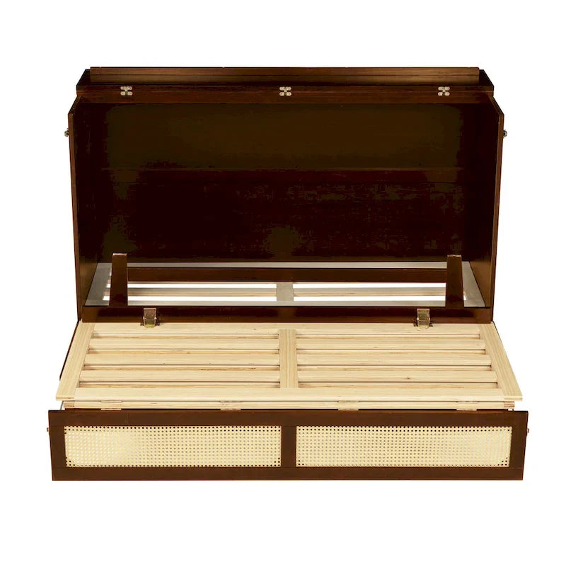 Lit escamotable Queen Size avec armoire, Décoration en rotin, Tiroir de rangement, Pin et MDF, Noyer, Pour 2 personnes