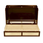 Lit escamotable Queen Size avec armoire, Décoration en rotin, Tiroir de rangement, Pin et MDF, Noyer, Pour 2 personnes