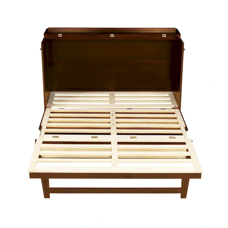 Lit escamotable Queen Size avec armoire, Décoration en rotin, Tiroir de rangement, Pin et MDF, Noyer, Pour 2 personnes