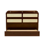 Lit escamotable Queen Size avec armoire, Décoration en rotin, Tiroir de rangement, Pin et MDF, Noyer, Pour 2 personnes