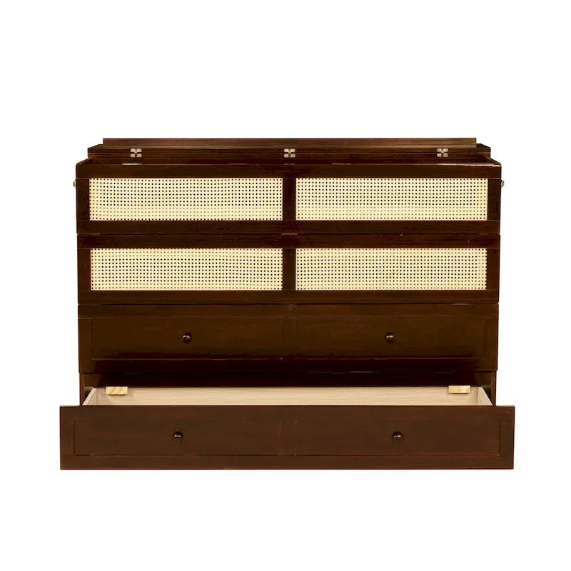 Lit escamotable Queen Size avec armoire, Décoration en rotin, Tiroir de rangement, Pin et MDF, Noyer, Pour 2 personnes