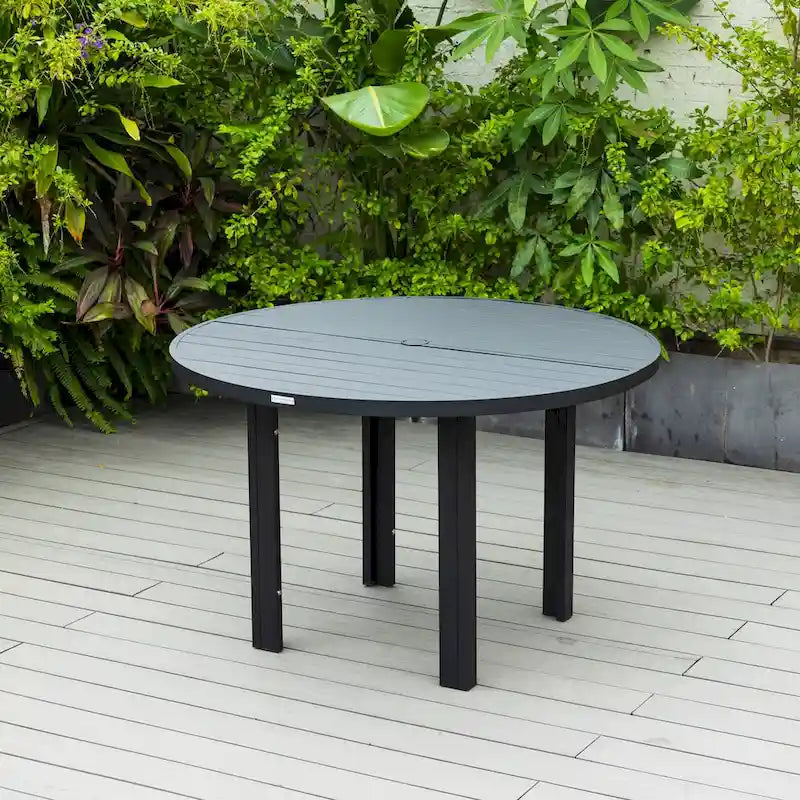 Table de salle à manger d'extérieur ronde, plateau en aluminium à lattes, trou pour parasol, revêtement en poudre, 48 po / 60 po, utilisation 4-6 personnes
